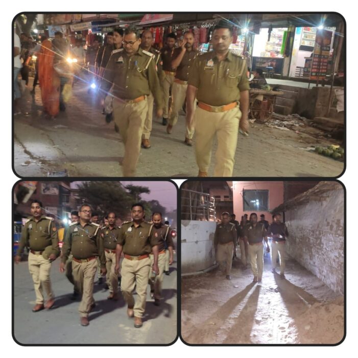थानाध्यक्ष करारी ने पुलिस बल के साथ कस्बा में किया फ्लैग मार्च
